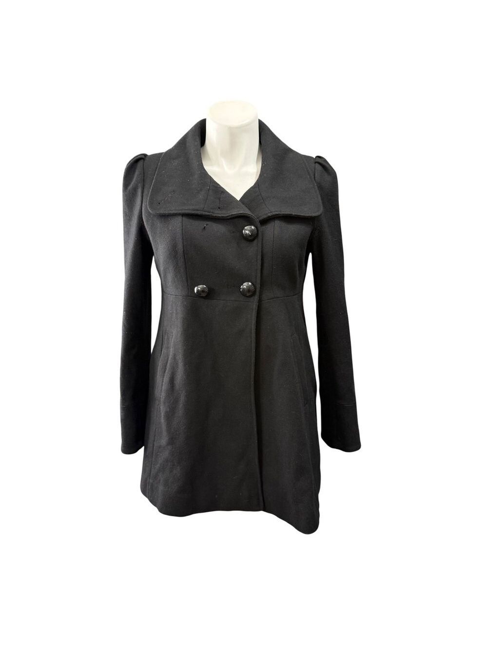 Guess Womens Black Wool Blend Double Breasted Pea Coat Puff Sleeve Bow Back L